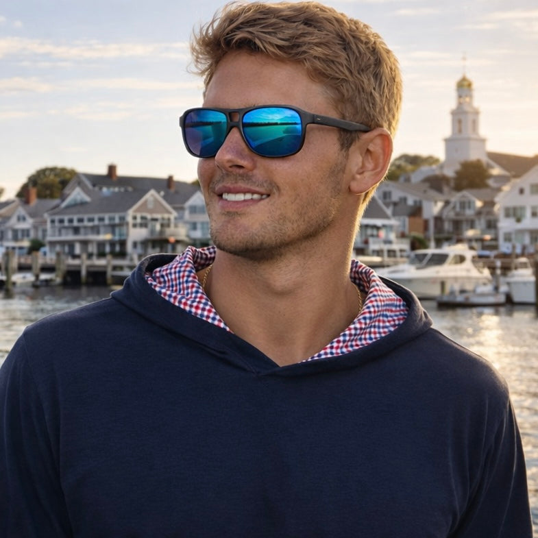 Cape Cod Deckhand Hoodie in navy, ultra-lightweight with a gingham-lined hood